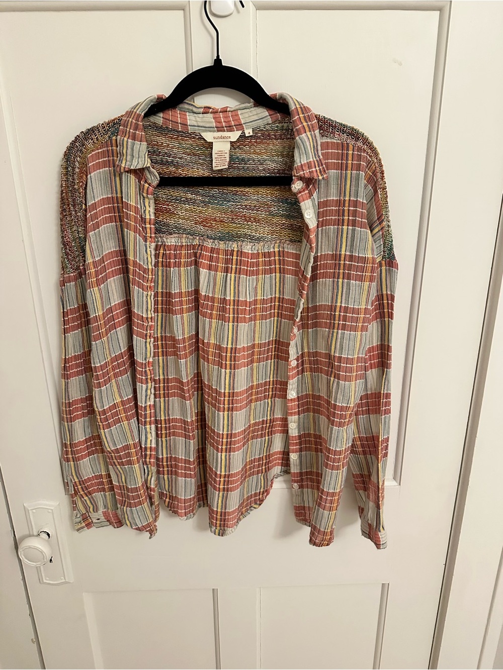 Sundance Mixed Media Button Down Shirt Plaid Women’s 4 Boho Fall Cottage Autumn